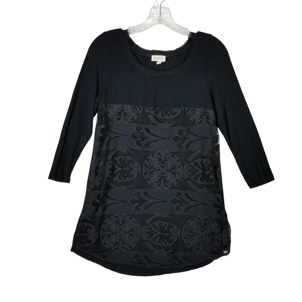 Meadow Rue Tunic Top Women Small Black Mesh Overlay Damask 3/4 Sleeve Boho